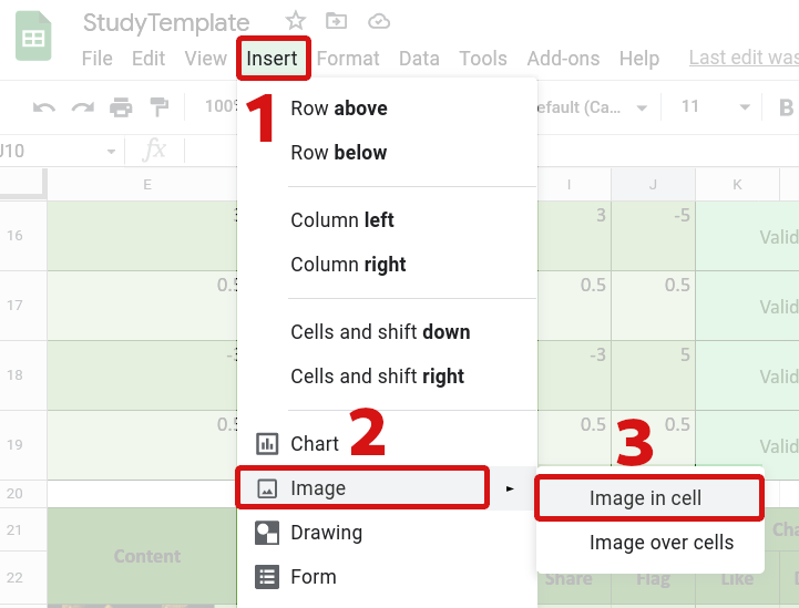 Diagram demonstrating how to insert an image into a study configuration spreadsheet.